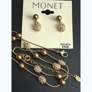 Monet Necklace Earrings Set Bronze Tone Rhinestone Bead Fall